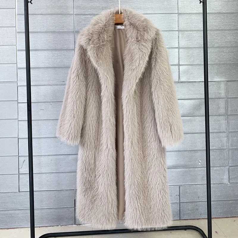 White Long Faux Fur Coat Women Autumn Winter Large Jacket Overcoat Turn Down Collar Pockets Thick Coat Warm Jackets Maxi CoatsT251201