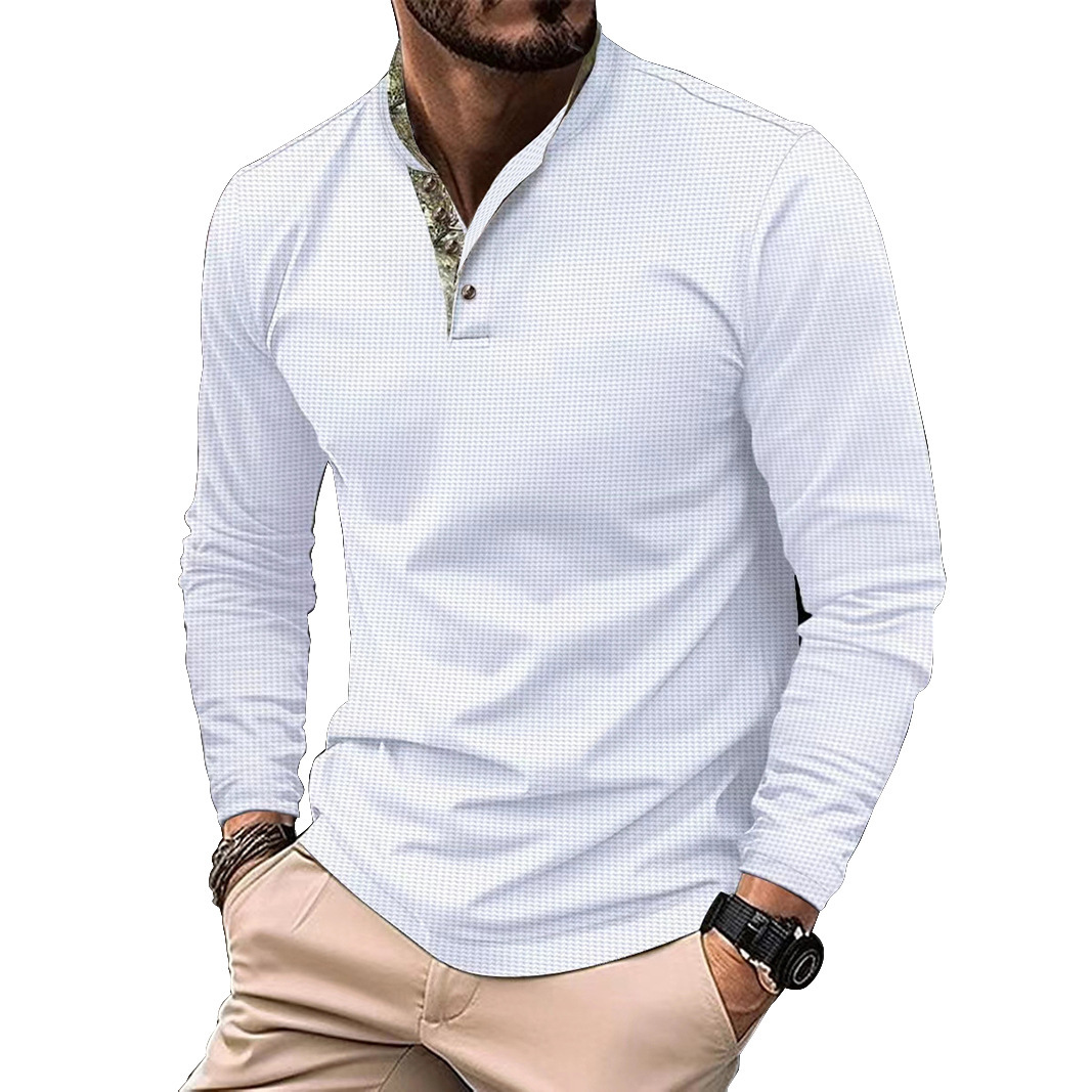 New Mens Waffle Knit Polo Shirt Long Sleeve Spring Autumn Double Layer Stand Collar Casual Men Shirt European size: S-2XL