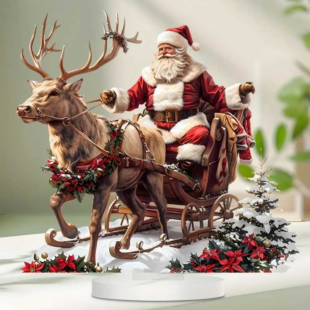 Sleigh Santa Claus Reindeer Sled Tabletop Decoration with Base 2D Acrylic Christmas Ornaments 2025 Xmas Navidad Party Supplies H251129