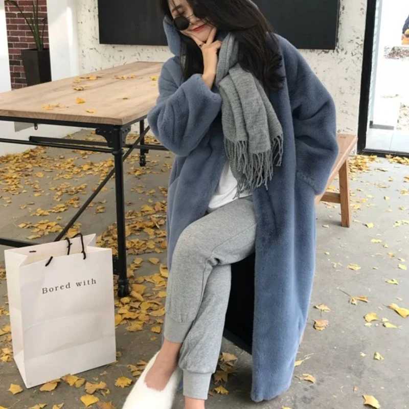 Autumn And Winter New Korean Lmitation Mink Velvet Fur Thickened Loose Plush Hat Long Coat WomenT251201