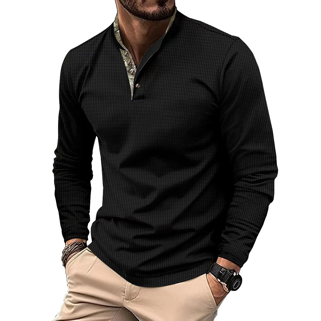 New Mens Waffle Knit Polo Shirt Long Sleeve Spring Autumn Double Layer Stand Collar Casual Men Shirt European size: S-2XL