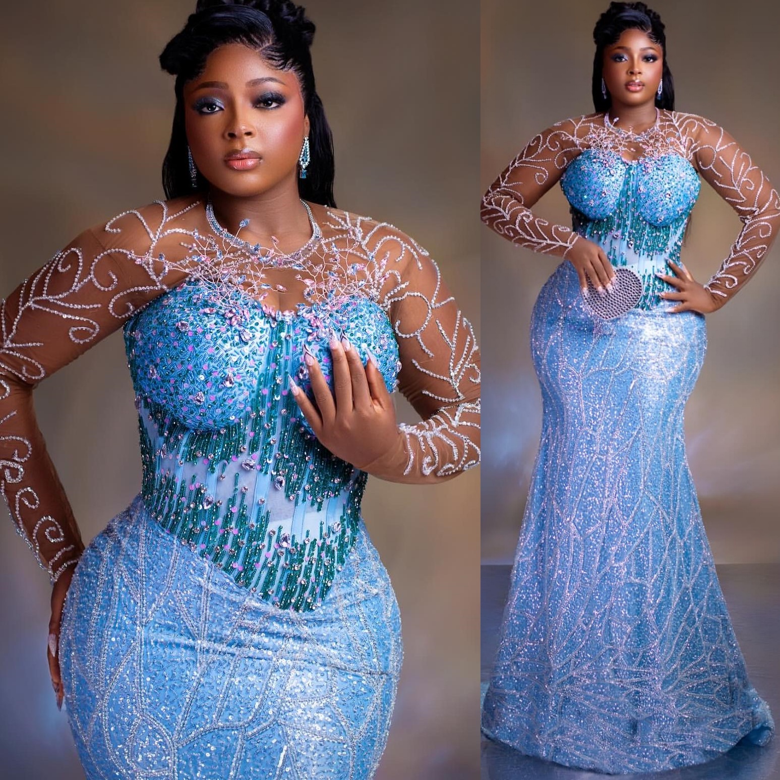 Aso Ebi Sky Blue Mermaid Prom Dresses 2026 Crystals Beaded Full Sleeves Evening Formal Party Second Birthday Engagement Gowns Plus Size Dress For Spec