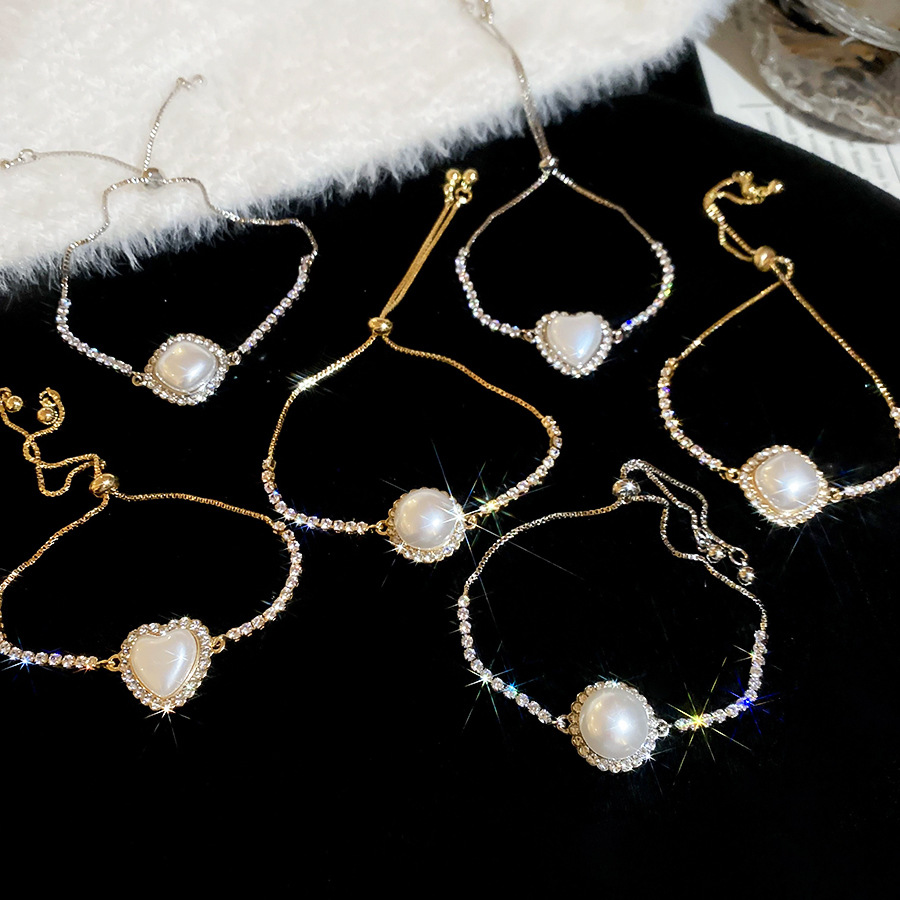 French Style Diamond-Encrusted Heart Geometric Pearl Elegant Vintage Exquisite Versatile Bracelet Light Luxury High-End Feel Women's Jewelry - view 8