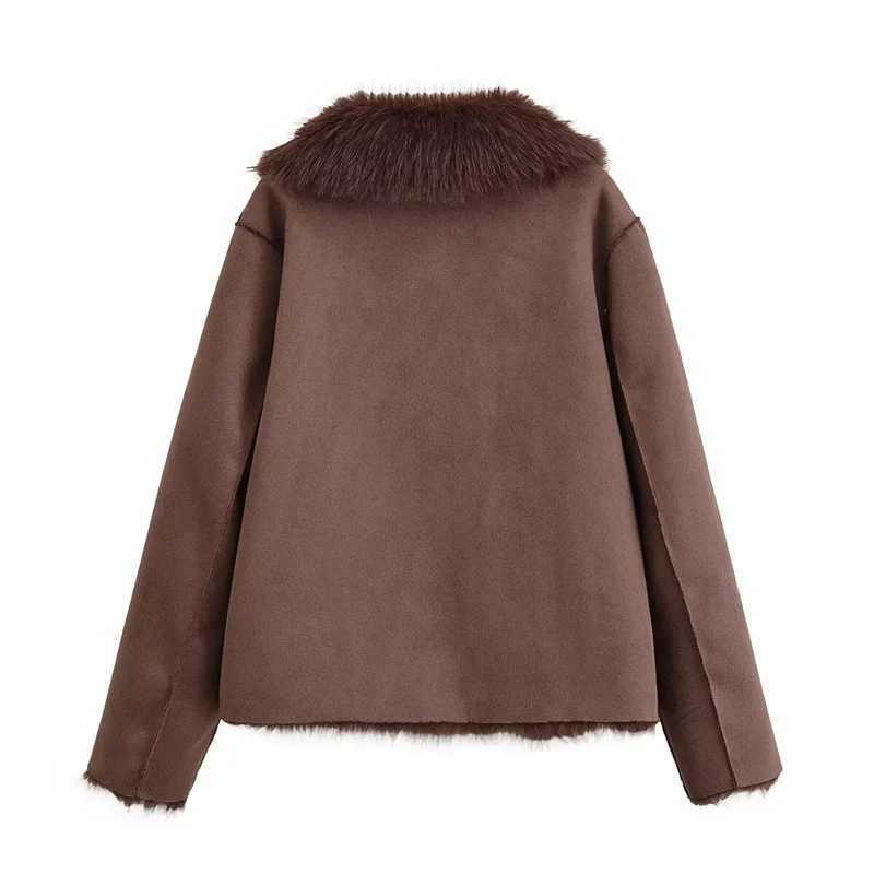 Womens Jacket 2025 Autumn New Style Brown Long-Sleeve Faux Fur Reversible Warm Coat Elegant and StylishT251201