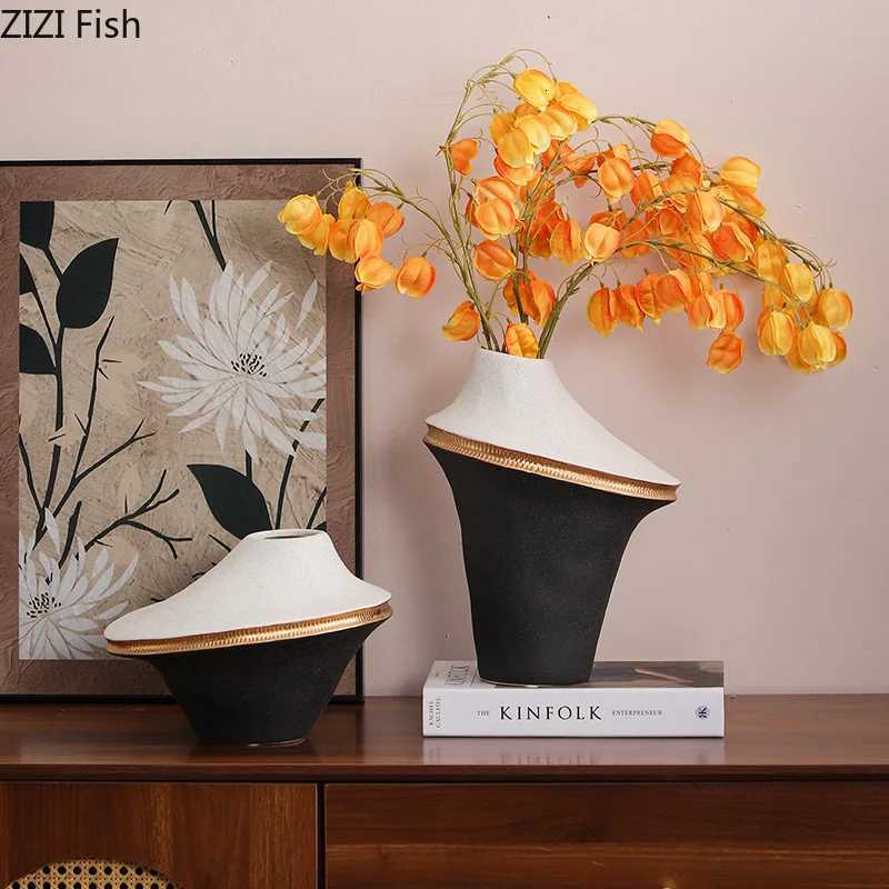 Black and White Color Blocking Ceramic Vase Gold-plated Plant Pot Table Decoration Flower Arrangement Vases Ro Aesthetic Decor Y251201