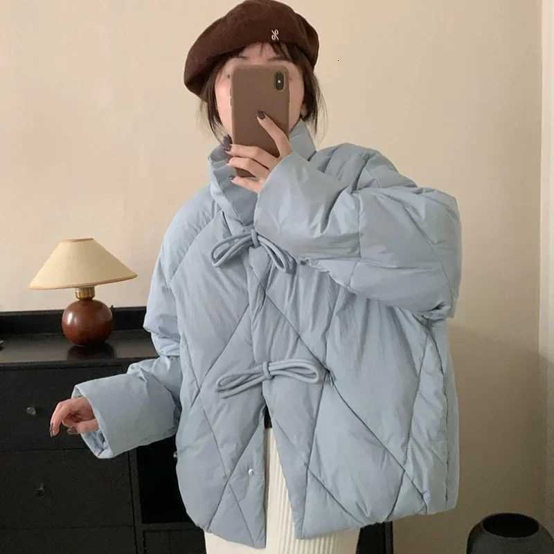 Chic Elegant Autumn Winter Women White Duck Down Coat Casual Lady Stand Collar Bow Outwear Female Solid Puffer Parka JacketT251201