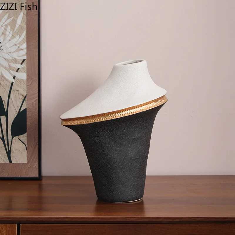 Black and White Color Blocking Ceramic Vase Gold-plated Plant Pot Table Decoration Flower Arrangement Vases Ro Aesthetic Decor Y251201