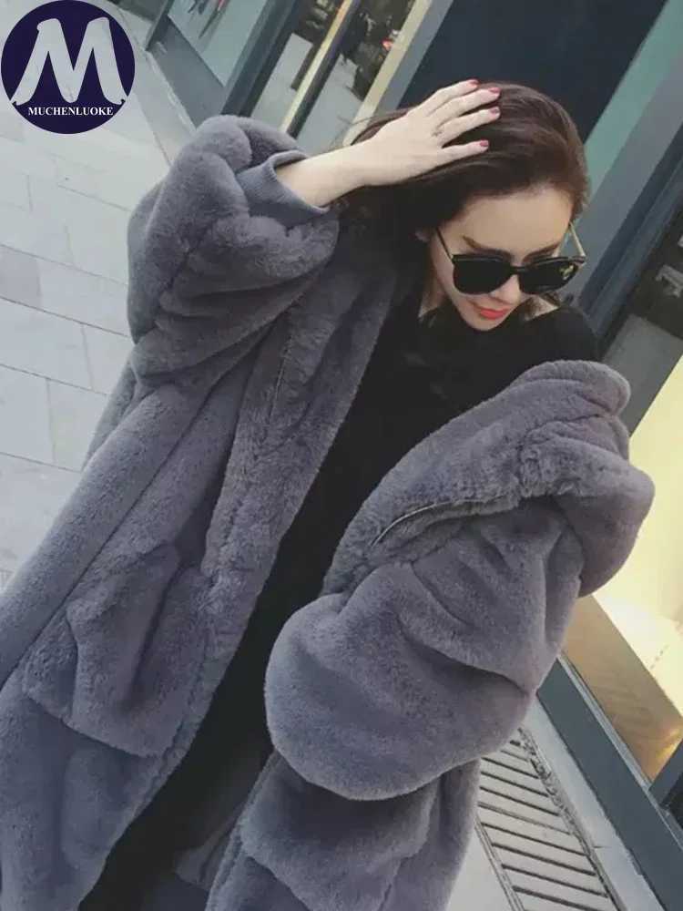 Womens Hooded Faux Fur Coat Mid Length Coats Loose Plush Thickening Warm Casual Fashion Autumn Winter NewT251201