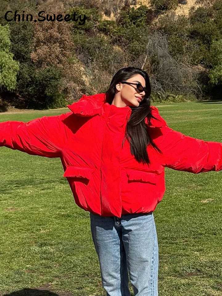 Warm Womens Hooded Cotton Padded Coats Loose Solid Stand Collar Full Sleeve Zipper Pockets Coat 2025 Autumn Winter Lady OutwearT251201