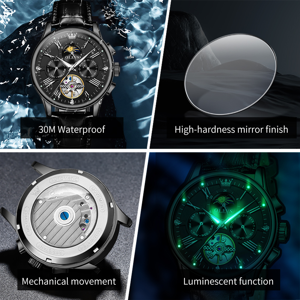Watches Men Designer OLEVS Trend Waterproof Multi-functional Mechanical Watch Sun And Moon Skeletonized Luminous Skeleton Men's Wristwatch Free S