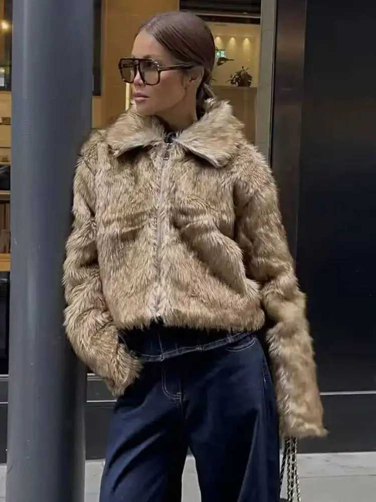 HH Womens Fashion Khaki Fur All-in-one Fur Casual Jacket Retro Lapel Zipper Decoration Womens Winter Warm Street JacketT251201