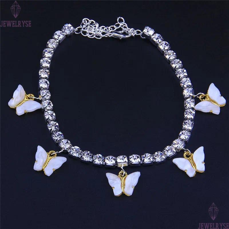 Acrylic Butterfly Women Anklets Iced Out Tennis Chain Leg Bracelet Rhinestone Silver Gold Animal Pendant Charms Fashion Beach Feet Jewelry