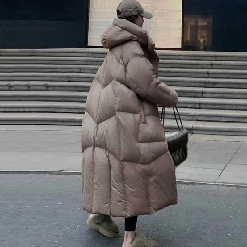 Winter Solid Long Hooded Down Jacket Female Thick Warm Outdoor Parka Outwear Women White Duck Down Loose Knee Length Down JacketT251201