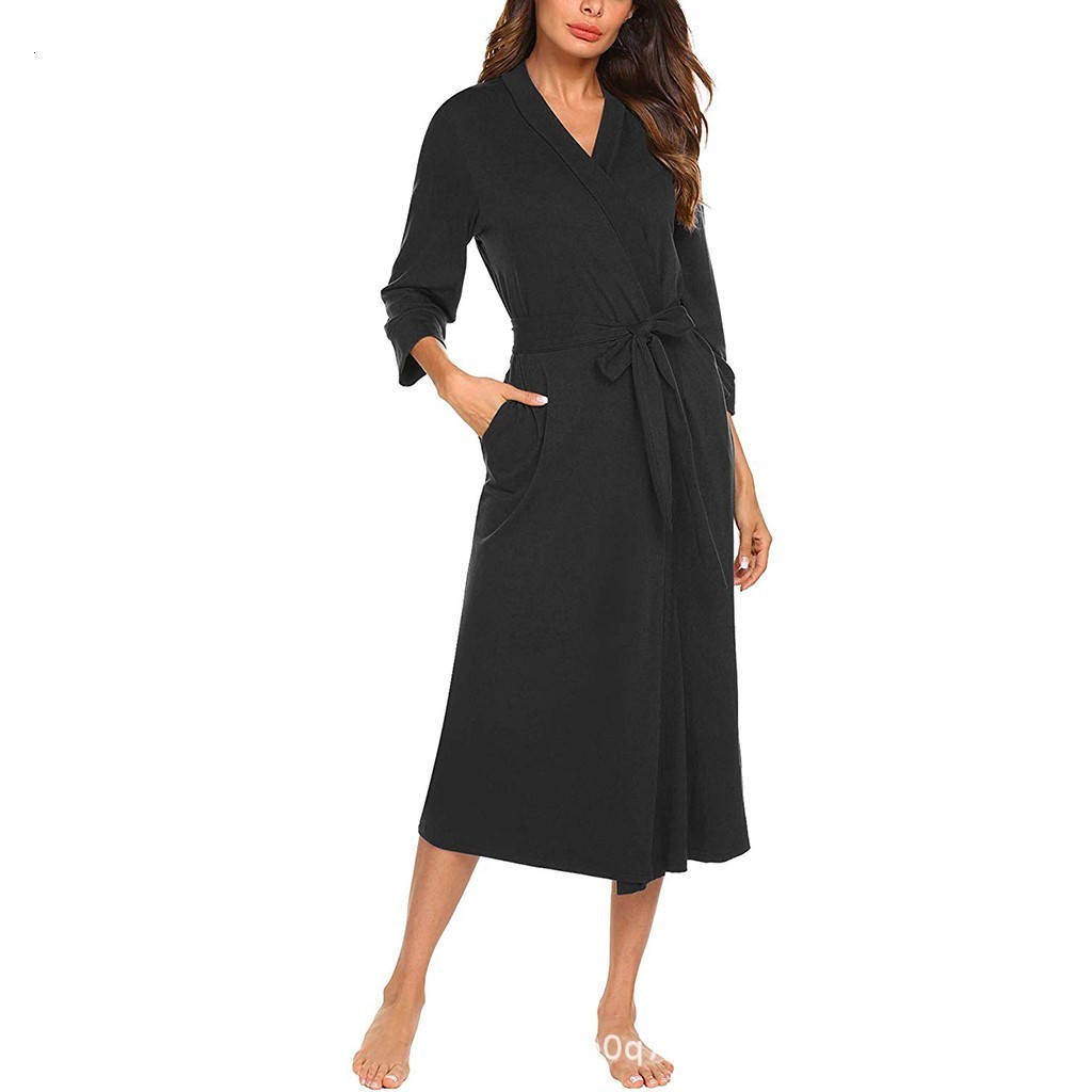 2025 Elegant V-neck Tie Three-quarter Sleeve Solid Color Long Home Sleep Robe 240823