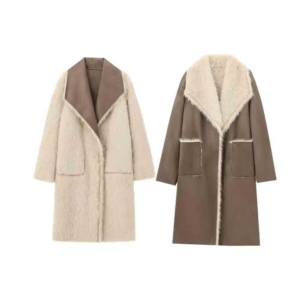 Vintage Fur Leather Long Jackets Women Casual Lapel Big Pockets Thicken Warm Coats Female 2024 Winter Chic Loose Outwears LadyT251201