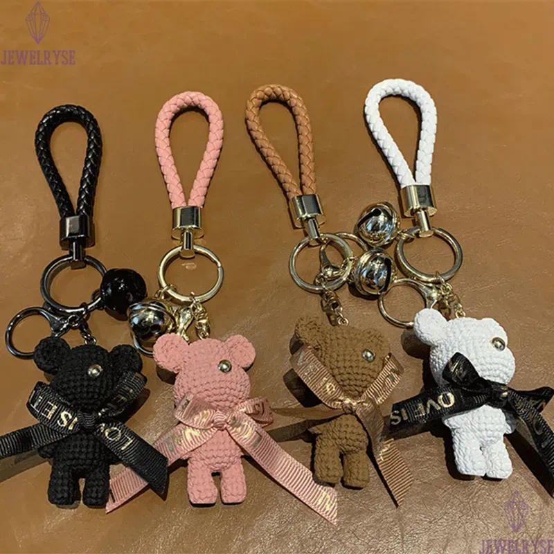 3D Animal Doll Key Chain Rings Bow Woolen Bear Bell Braided Woven Car Keychains Holder Gold Metal Handbag Backpack Pendant Keyrings Gifts Bag Charms A