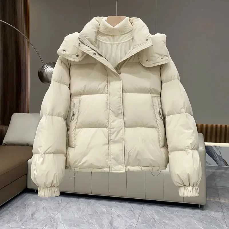 2025Autumn Winter New Down Cotton Jacket Womens Korean Solid Thicken Warm Hooded Short Coat Female Casual Ladies TopT251201