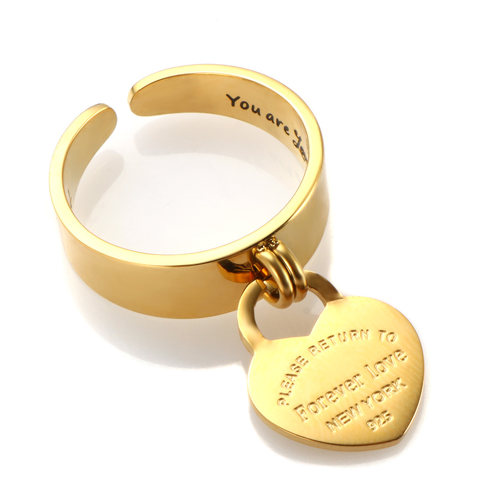 Cross Border Hot Selling Titanium Gold Plated With Carved Letters For Women Peach Heart Pendant Micro Opening Stainless Steel Ring