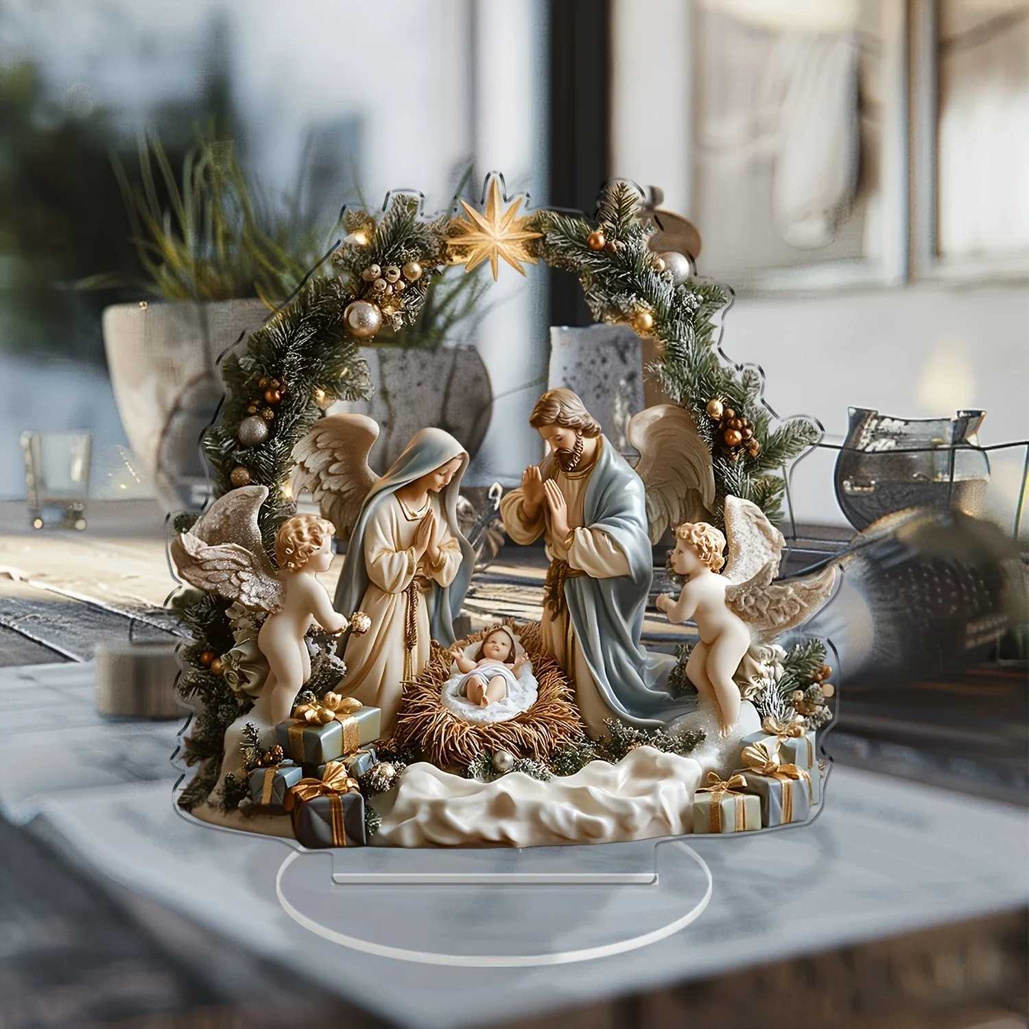 1pcs 2D Acrylic Desktop Christmas Decor - Jesus Birth Scene Virgin Mary Angel Cartoon Color Print He Festive Gifts H251129