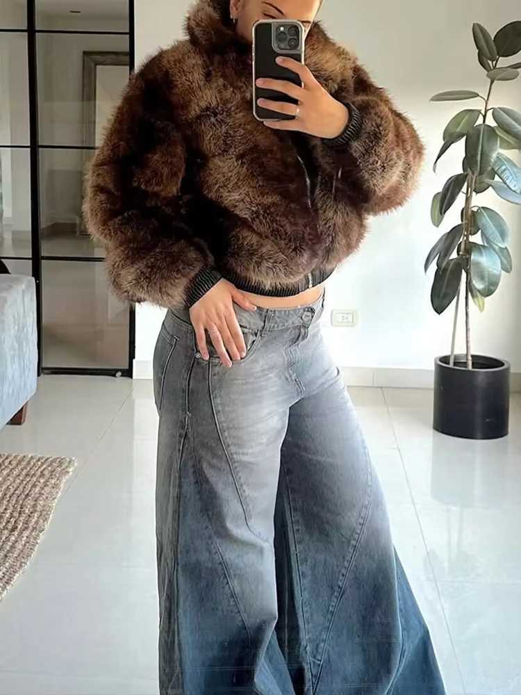 HH Womens 2025 Winter Fashion Contrasting Fur One-piece Jacket Warm Lapel Zipper Decoration Casual Fur Womens StreetwearT251201