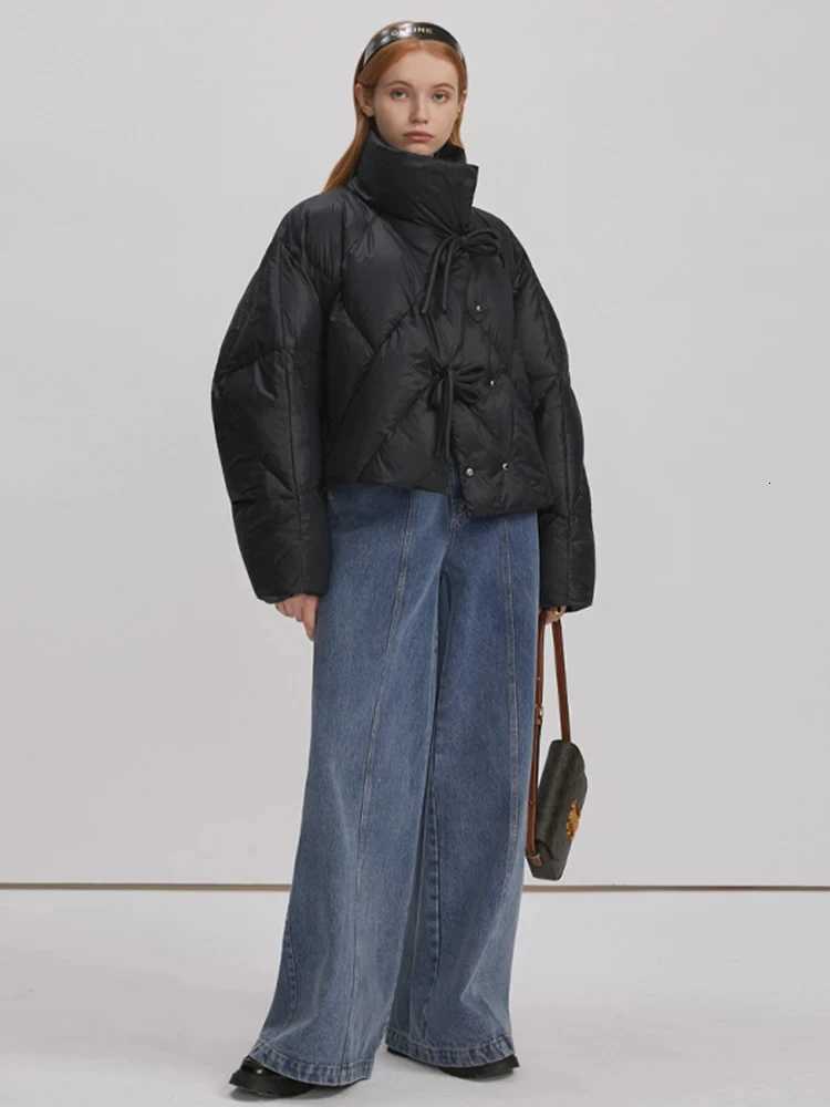 New Fashion Casual White Down Cotton Coat Winter Women Y2K Stand Collar Warm Bow Solid Padded Jacket Slim Fit Outerwear KoreanT251201