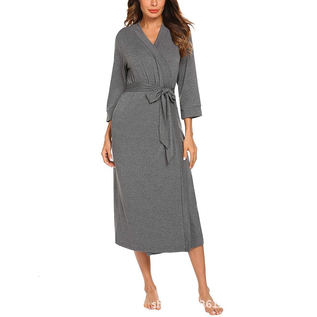 2025 Elegant V-neck Tie Three-quarter Sleeve Solid Color Long Home Sleep Robe 240823