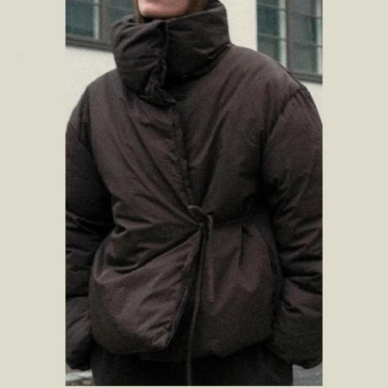 Winter Warm Puffy Womens Down Jacket Thicken High Collar Lace Up Cotton Padded Coats Single Breasted Outwear 2025 New Lady CoatT251201