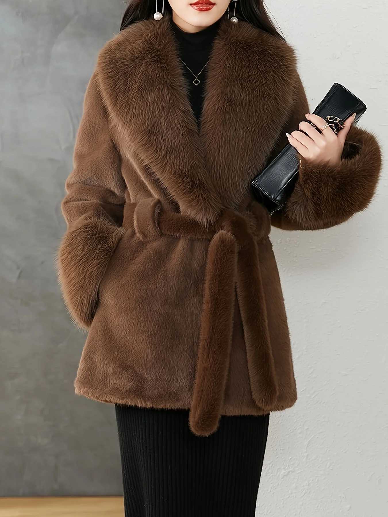 Luxurious Faux Fur Hood Brown Coat Warm Winter Elegance Textured Outerwear with Belt Shop NowT251201