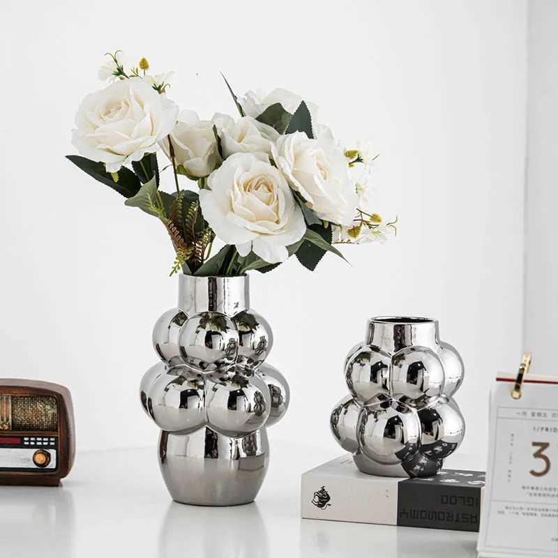 Sliver Bubble Vase Centerpiece Aesthetic Decoration Ceramic Flowerpot Tabletop Wedding Gift Accessories Living Ro as Grass Y251201