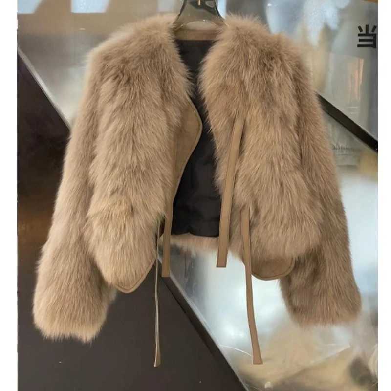 Autumn Winter Thicken Faux Fox Fur Jacket for Women 2023 Short Plush Coat Korean Loose Warm Tied Waist Outerwear Black WhiteT251201