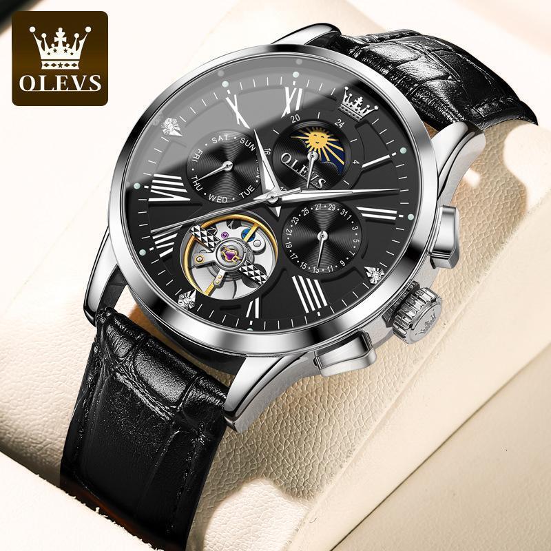 Watches Men Designer OLEVS Trend Waterproof Multi-functional Mechanical Watch Sun And Moon Skeletonized Luminous Skeleton Men's Wristwatch Free S