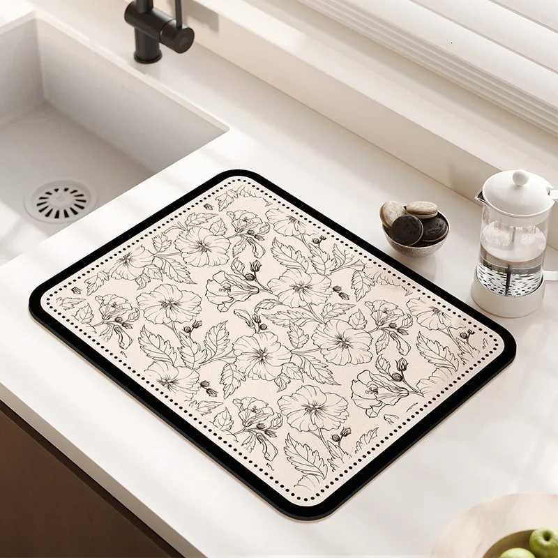 Kitchen Counter Drying Mat Floral Pattern Printed Diatomaceous Earth Absorbent Mat Desktop Tableware Dry Pad Cup Bar Mat Y251201