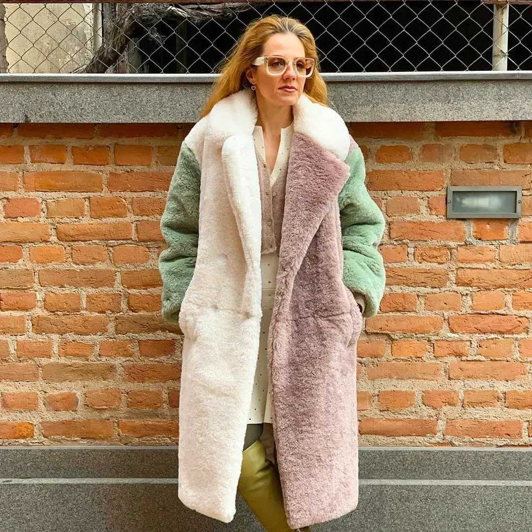 Thicken Patchwork Faux Fur Overcoat Warm Rex Rabbit Furs Mid-length Coats Luxury Plus Size Jacket Winter Women FashionT251201