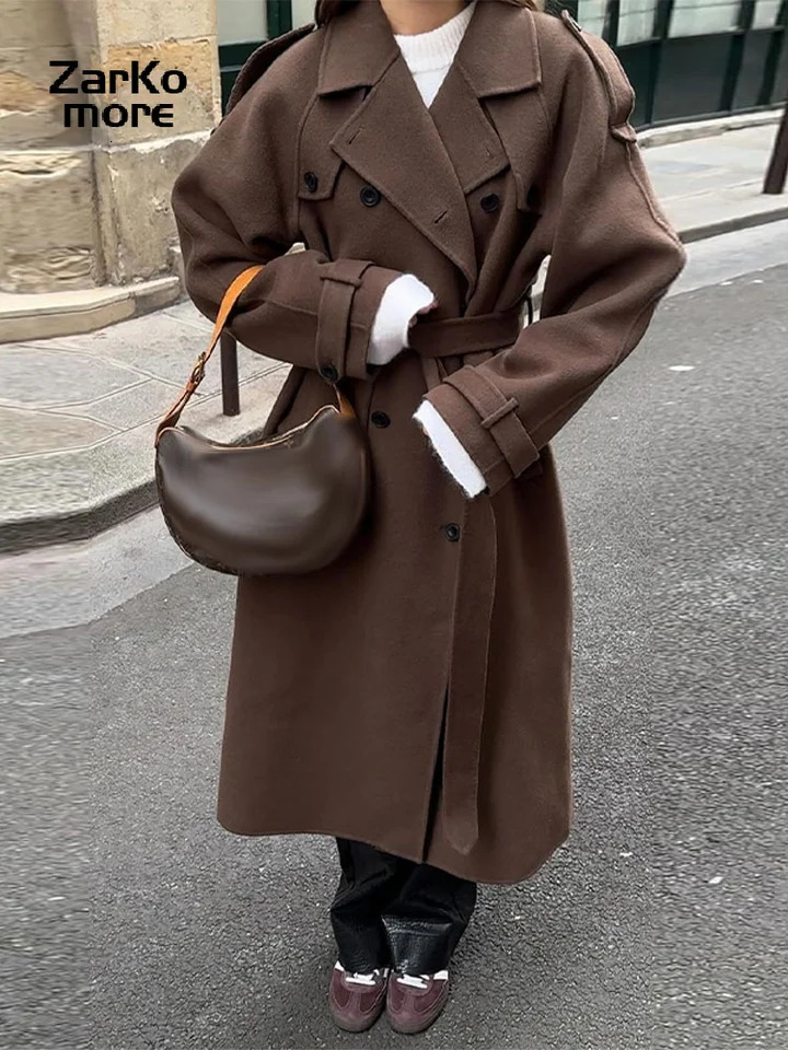 Elegant Grey Belt Long Faux Wollen Coat Women Lapel Double Breasted Street Coats Female 2025 Autumn Winter Lady Peacoat 251129