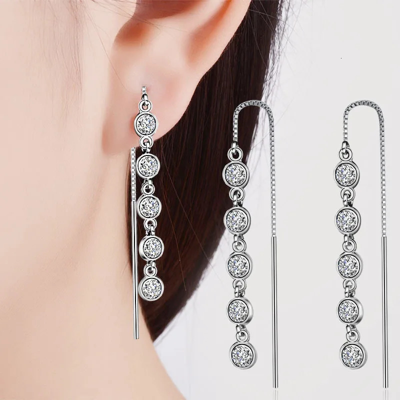 Luxury 925 stamp silver color Geometric Long Tassel Circle Aaa Zirconia Crystal Drop Earrings For Women Sterling Silver Jewelry 251113