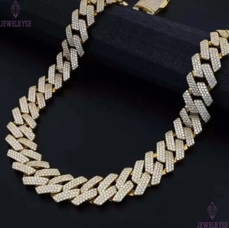 Hip Hop Inspired Sterling Silver Cuban Chain with Diamond Cut Stones for Men