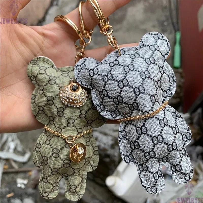 Cute Animal Keychains PU Leather Brand Design Bear Charm Key Chains for Cars Crystal Rhinestone Pendant Key Rings Holder Bag Jewelry Keyring