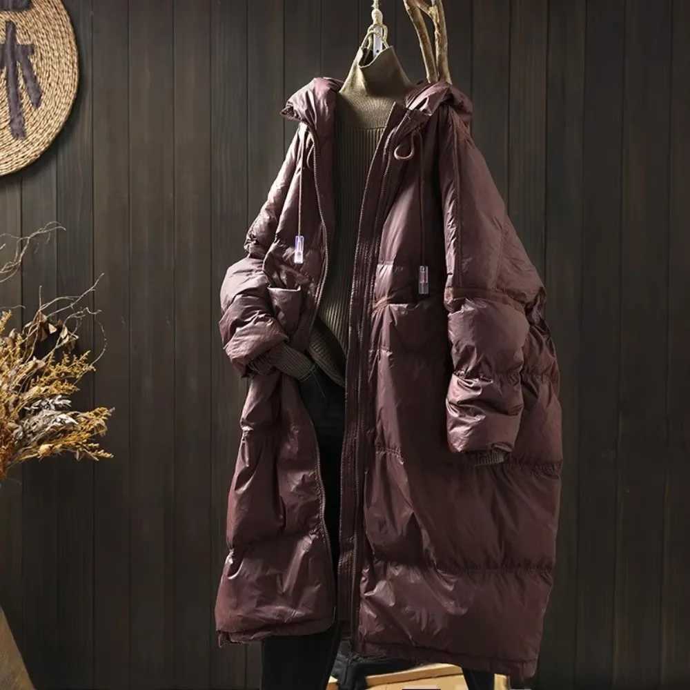 2024 New Winter Women Oversize Long Puffer Coat Female Thick Warm White Duck Down Jacket Hooded Loose Parkas OutwearT251201