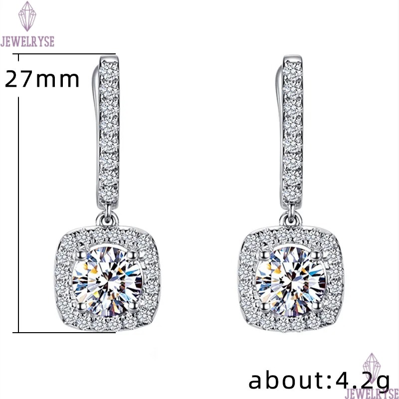 Classical Designer 18K White Gold Plated Square Shape Cubic Zirconia Clip on Earrings for Women Sapphire Crystal Diamond Drop Earrings Dangle Earring 