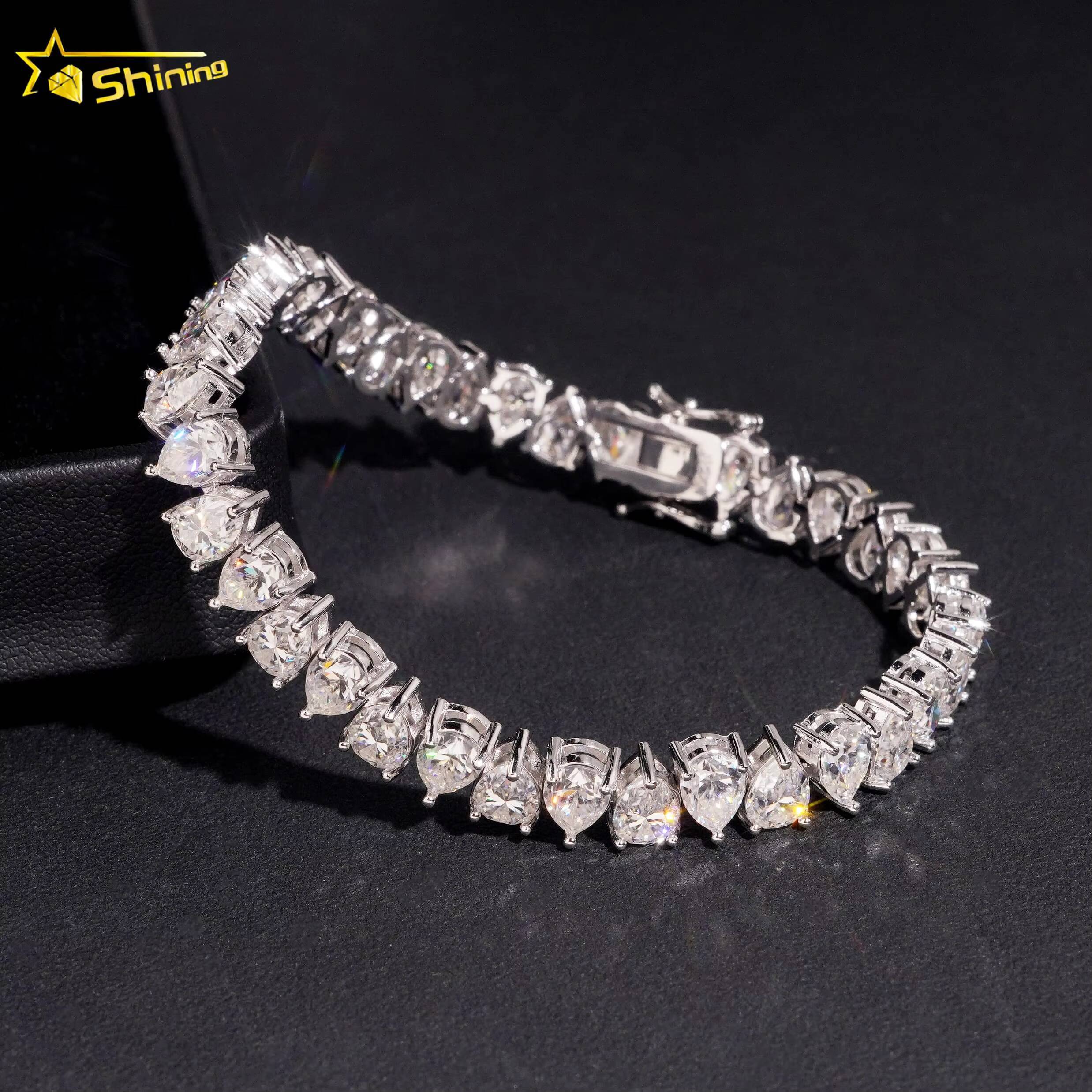 Iced Out 925 Silver Tennis Bracelet Moissanite Jewelry GRA Certificated Pear Cut VVS Moissanite Bracelet for Men Women