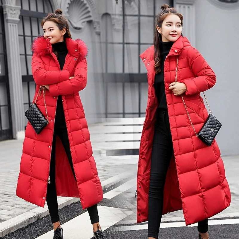 Women Winter Long Cotton Coat 2025 New Women Big Fur Collar Parkas Korean Loose Belt Slim Jacket Down Cotton Coat Women OutwearT251201