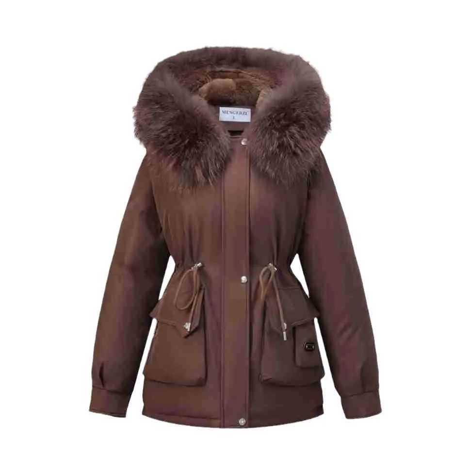Winter 2025 Womens Padded Jacket Female Fur Collar Warm Parkas Coats Womems Hooded Drawstring Waist Cinching Cotton JacketT251201