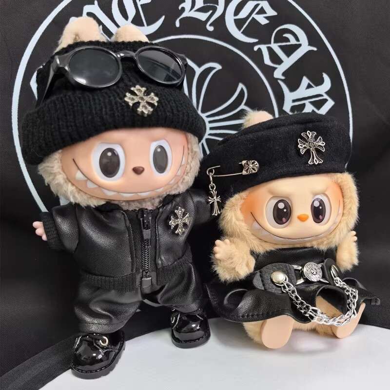 15/17cm Doll Labubu Sitting Party Motorcycle Trendy Cool Leather Jacket Hat Set Clothes