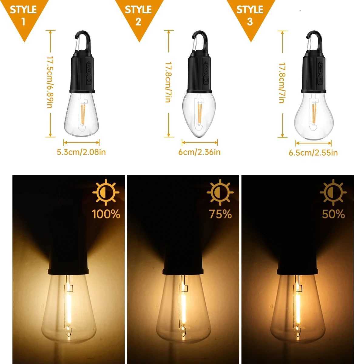 LED Camping Lights USB Rechargeable 3 Lighting Modes Dimmable Vintage Light Bulbs with Hook Outdoor Camping Hiking Tent Lantern M251201