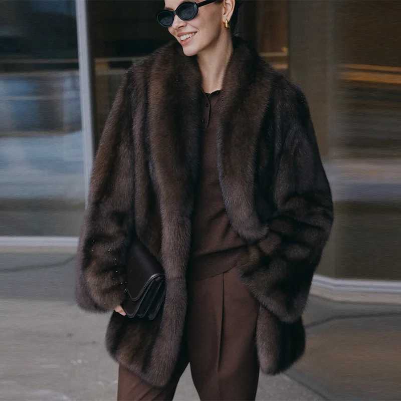 Luxury Thicken Faux Fur Coat Women Winter Lapel Long Sleeve Jacket Vintage Waistband Loose Outwear 2025 New Warm Soft Lady CoatsT251201