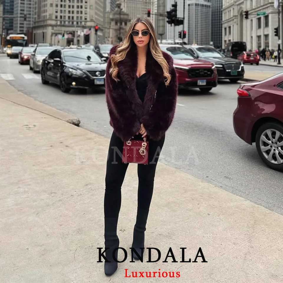 KONDALA Vintage Casual Chic Women Faxur Fur Jackets Solid Long Sleeve Single Breasted Coats New Fashion 2025 Autumn OutwearsT251201