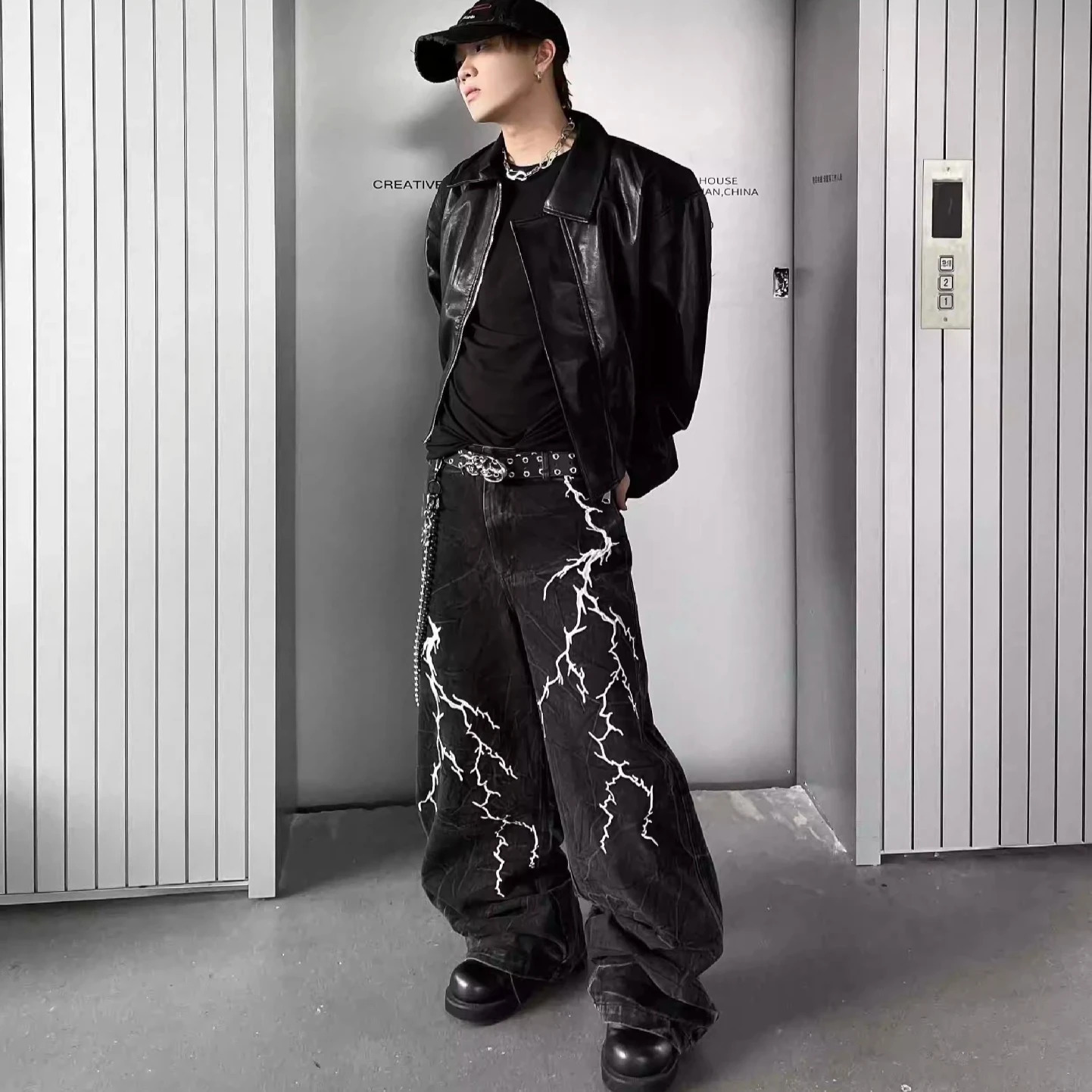 Y2k Fashion Baggy Jeans Black Mens Streetwear Straight Oversize Wide-leg Pants Vintage Lightning Pattern Loose Denim Trousers 251223