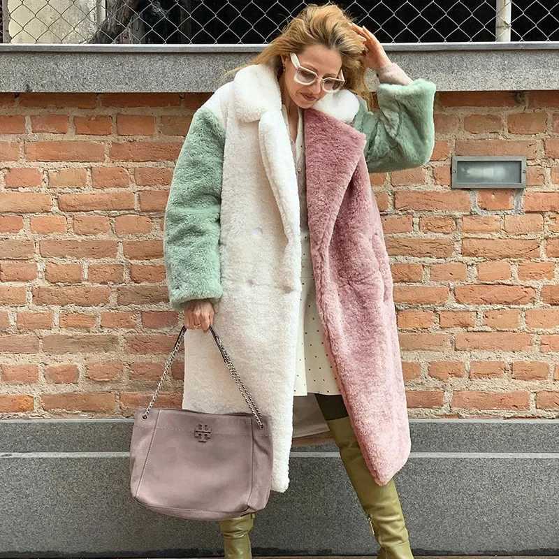 Thicken Patchwork Faux Fur Overcoat Warm Rex Rabbit Furs Mid-length Coats Luxury Plus Size Jacket Winter Women FashionT251201
