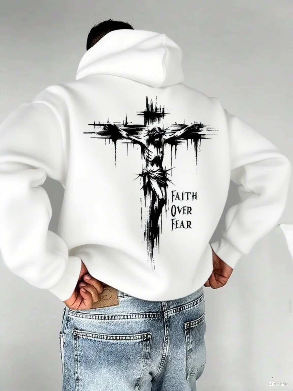 A mens hoodie with the words Christian faith Overcomes fear printed on it features a cross-shaped on the back251129