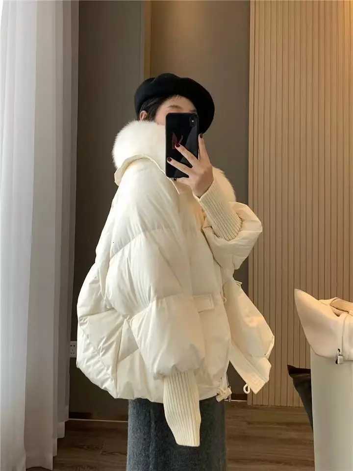 Winter New Fur Collar Puffer Down Parka Loose Down Warmer Thicken Snow Jacket Pocket Zipper Faux Fur Outerwear FemaleT251201